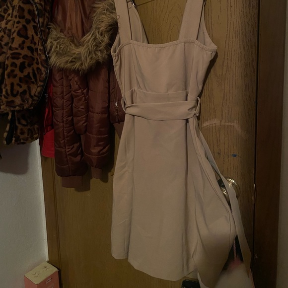 Above Knee Length Tan dress with brown buttons and silver bucked straps - Picture 2 of 4